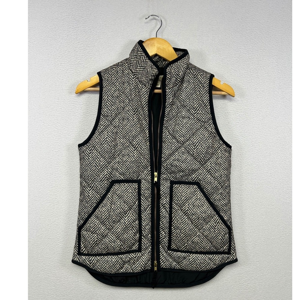 Preppy Classic J.Crew Womens XXS Black White Herringbone Excursion Quilted Vest